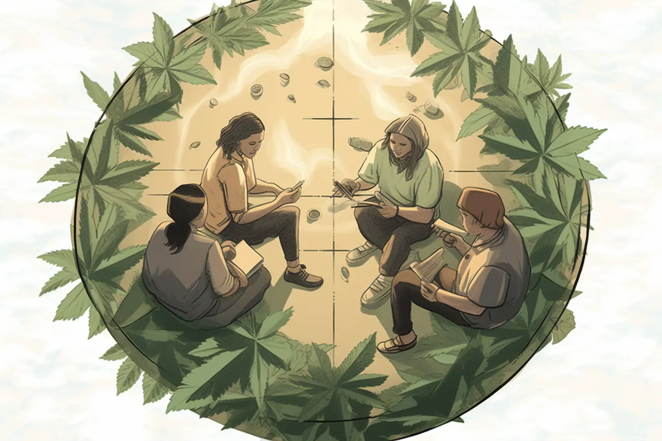 Eine Gruppe von Menschen entspannt sich im Kreis und teilt sich Cannabis-Zigaretten. Ein Ort für Cannabis-Freunde in Augsburg, wo sich Menschen um einen Kreis scharen, der mit Hanfblättern geschmückt ist.