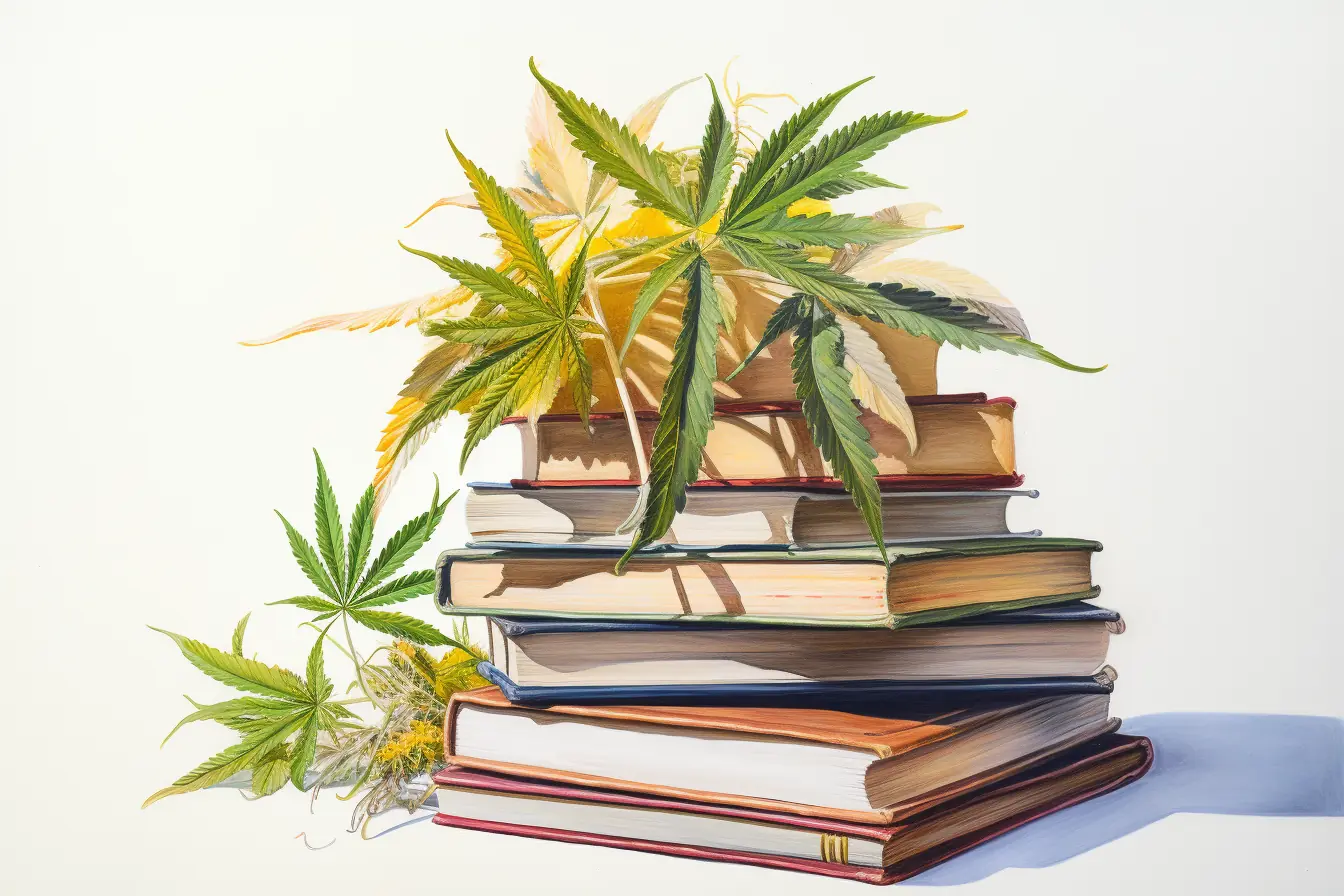 Hanfblätter und Bücher in Pastelltönen, die zusammen ein harmonisches Bild ergeben. Bücher in verschiedenen Farben, die mit grünen Hanfblättern geschmückt sind.