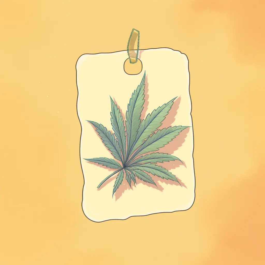Ein Preisschild, das neben einem pastellfarbenen Cannabisblatt angebracht ist. Ein Preislabel mit einem daran befestigten Hanfblatt, das für den Cannabis Social Club in Augsburg gedacht ist.