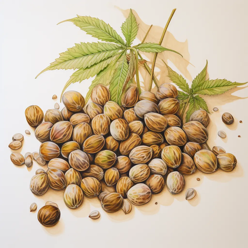 Cannabis-Samen abgebildet in sanften Pastelltönen - semi-realistische Darstellung. Mehrere Hanfsamen, welche auf einer hellen Fläche verteilt sind.