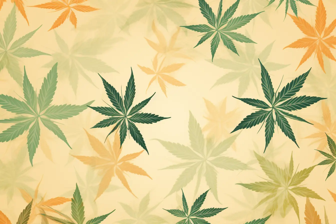 Feines Muster von Marihuana-Blättern in zarten Farben Ein Design mit Cannabisblättern auf einem hellen Hintergrund, speziell für einen Cannabis Social Club in Augsburg kreiert.